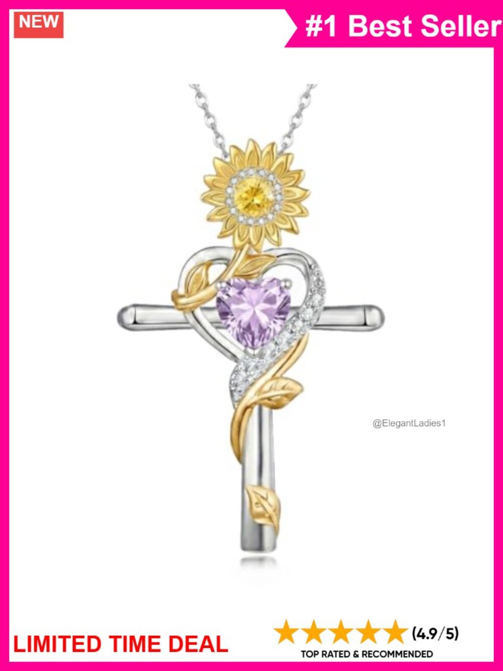 Two-Tone Sunflower Cross Necklace Alexandrite Birthstone Pendant Women